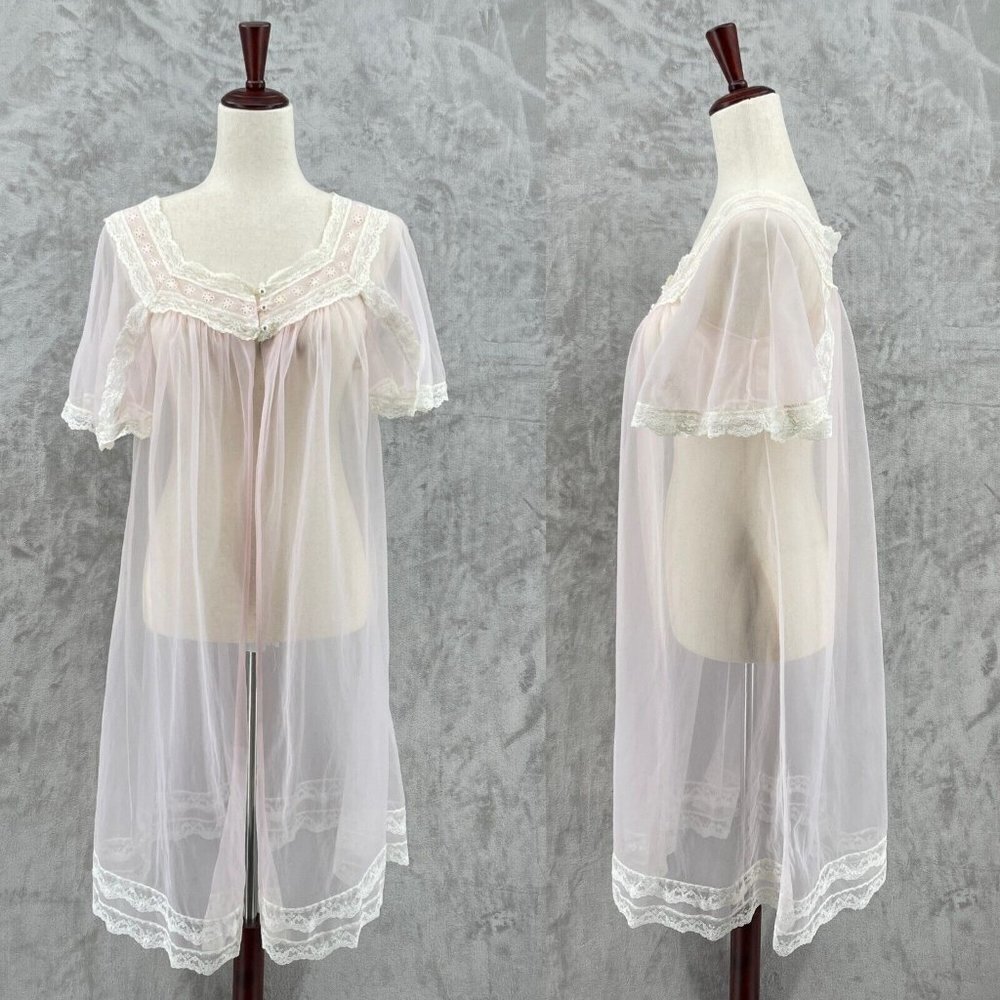 Miss Elaine Vintage Union Made Pink Sheer Chiffon Nylon Robe Lace Trim